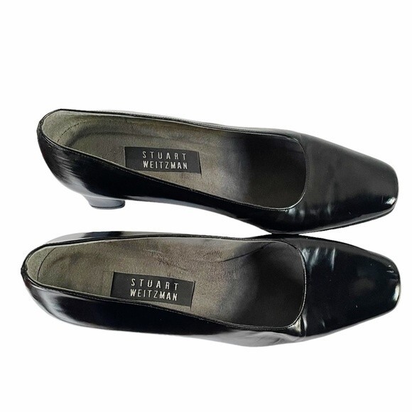 Stuart Weitzman Black Polished Leather Square Toe Block Heel Women’s Size 8W - Picture 4 of 14